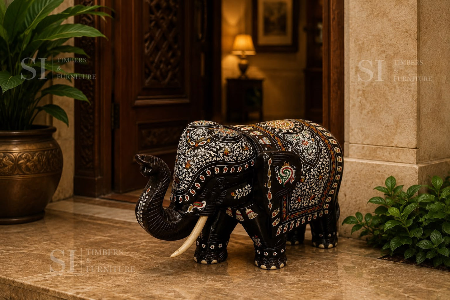 Royal Solid Rosewood Welcome Elephant with Intricate Inlay Work - Image 3