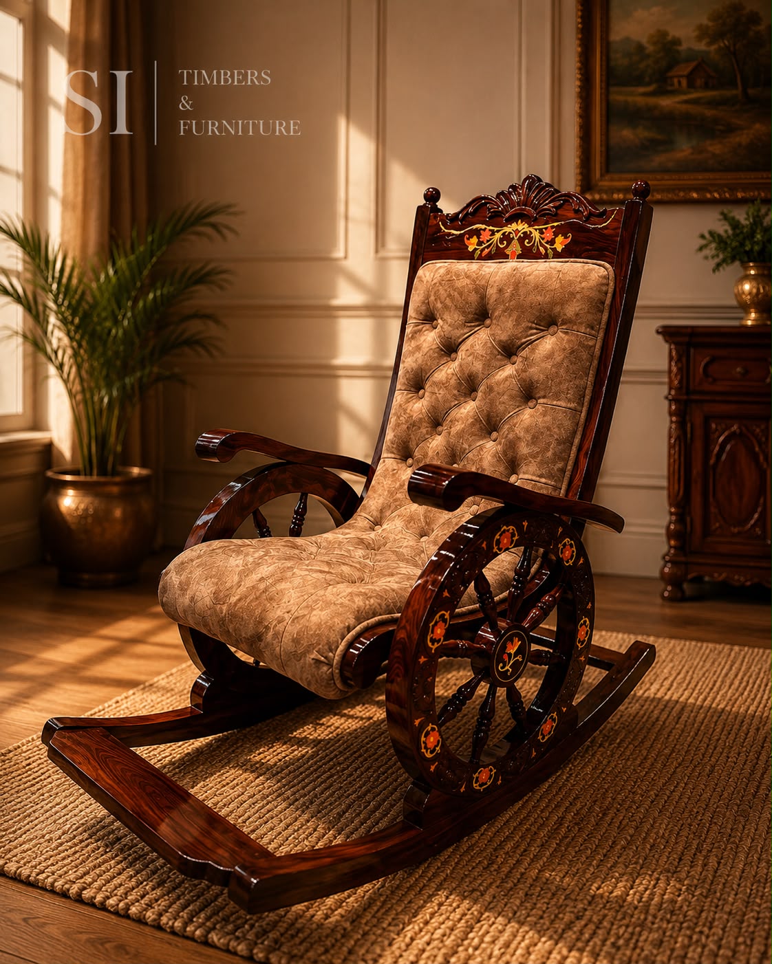 Royal Rosewood Wheel-Inlay Rocking Chair with Cushioned Seating - Image 3