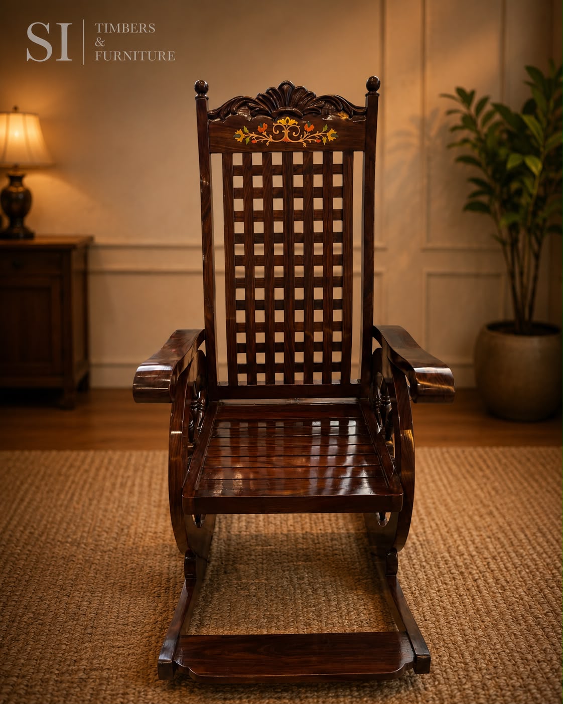 Handcrafted Rosewood Wheel-Design Rocking Chair with Loose Cushions - Image 3