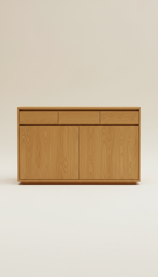 Honeyed oak sideboard with brass pulls