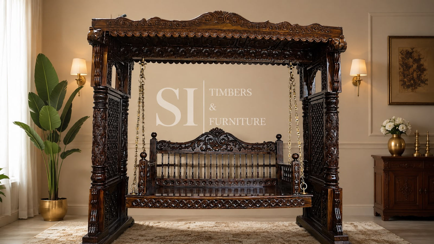 Premium Rosewood Four-Pillar Ceiling Swing - front view