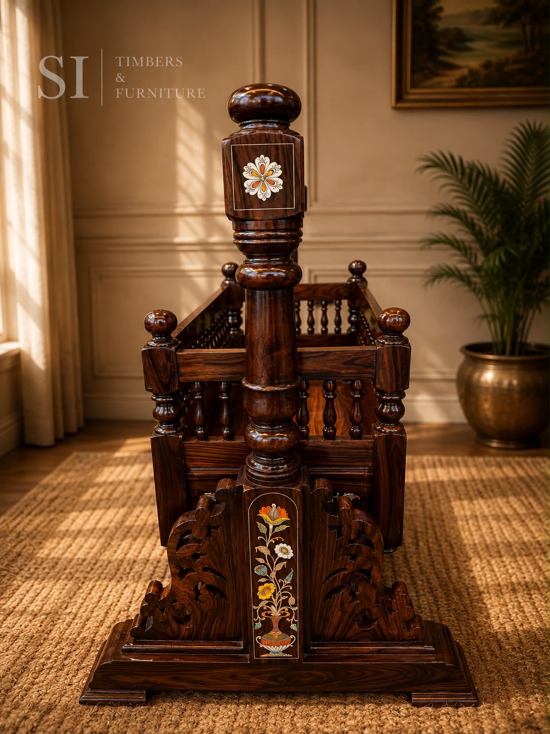 Royal Pure Rosewood Baby Cradle with Inlay Work - Image 2