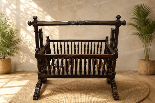 Handcrafted Rosewood and Cane Baby Cradle - Image 1