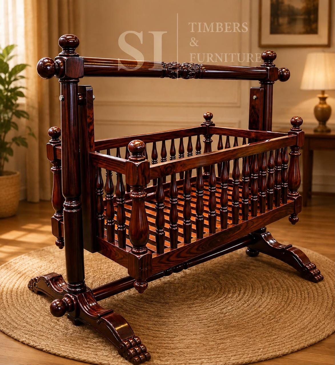 Handcrafted Rosewood and Cane Baby Cradle - Image 2
