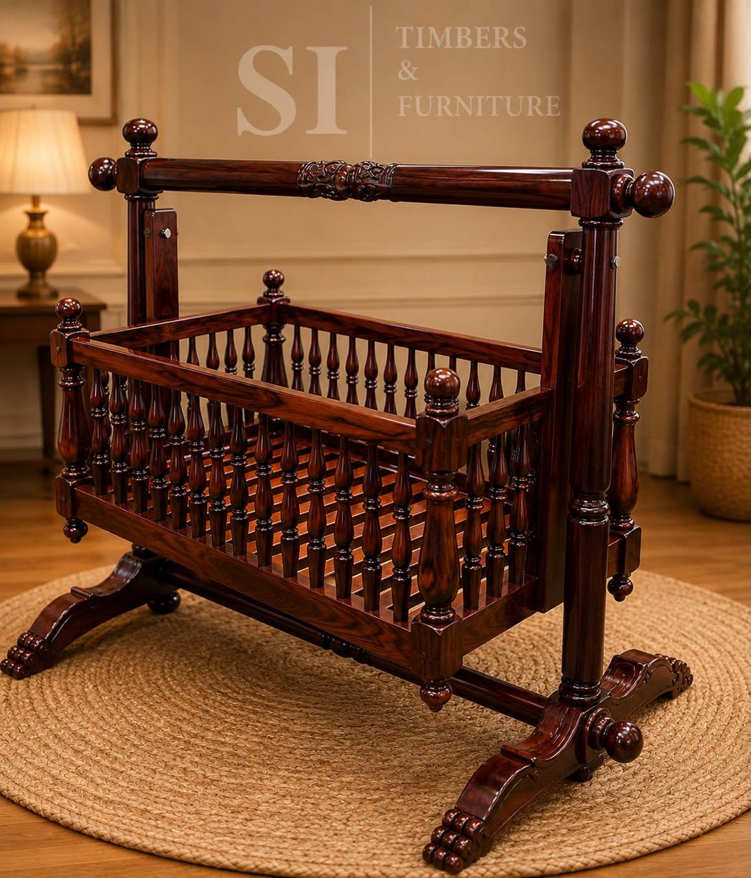 Handcrafted Rosewood and Cane Baby Cradle - Image 3