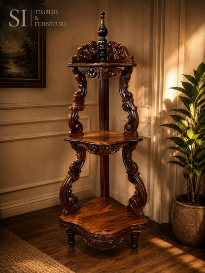 Hand-Carved Rosewood Three-Tier Corner Stand - Image 1
