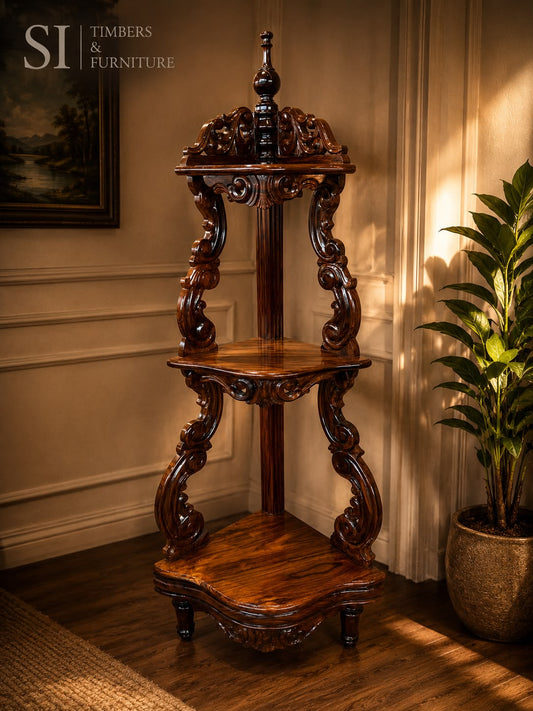 Hand-Carved Rosewood Three-Tier Corner Stand - Image 1