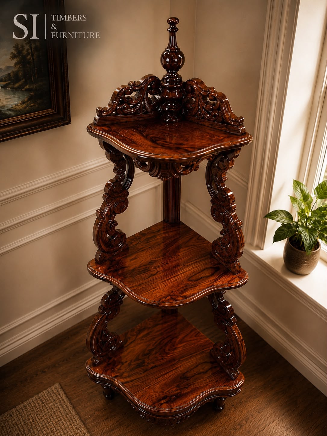Hand-Carved Rosewood Three-Tier Corner Stand - Image 3