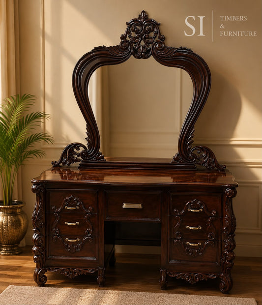 Luxury Hand-Carved Rosewood Dressing Table with Ornate Mirror - Image 1
