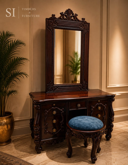 Luxury Hand-Carved Rosewood Dressing Table with Ornate Mirror - Image 2