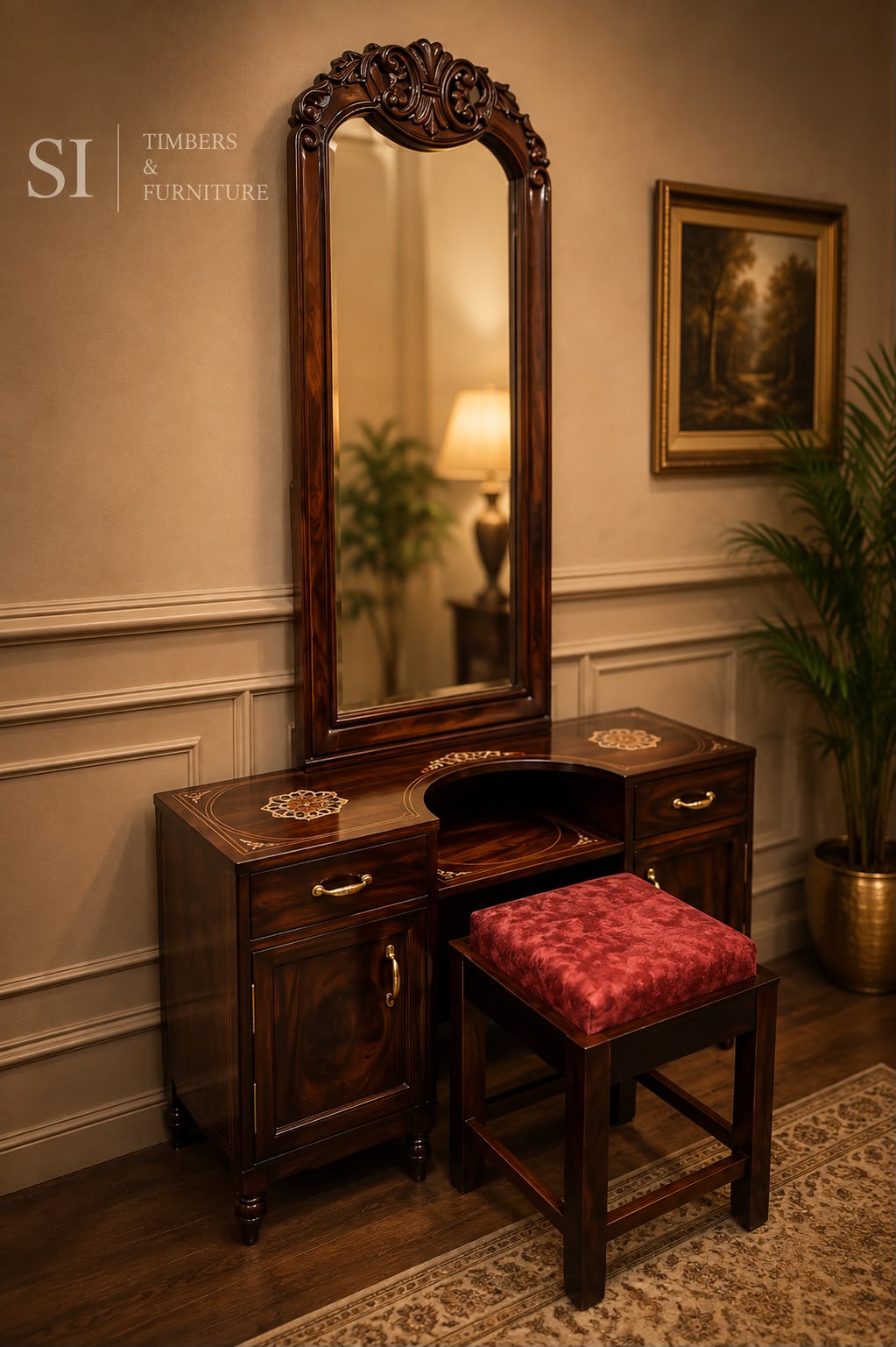 Luxury Hand-Carved Rosewood Dressing Table with Ornate Mirror - Image 3