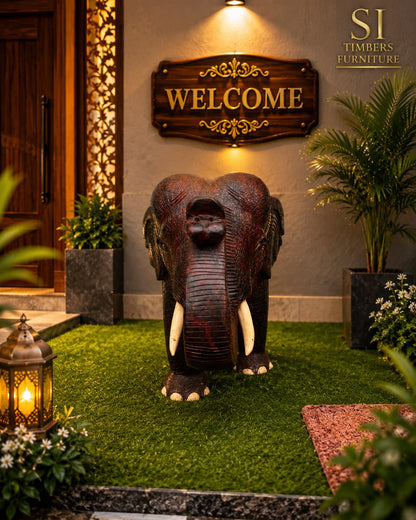 Grand Hand-Carved Rosewood Welcome Elephant with Brass Chain - Image 2