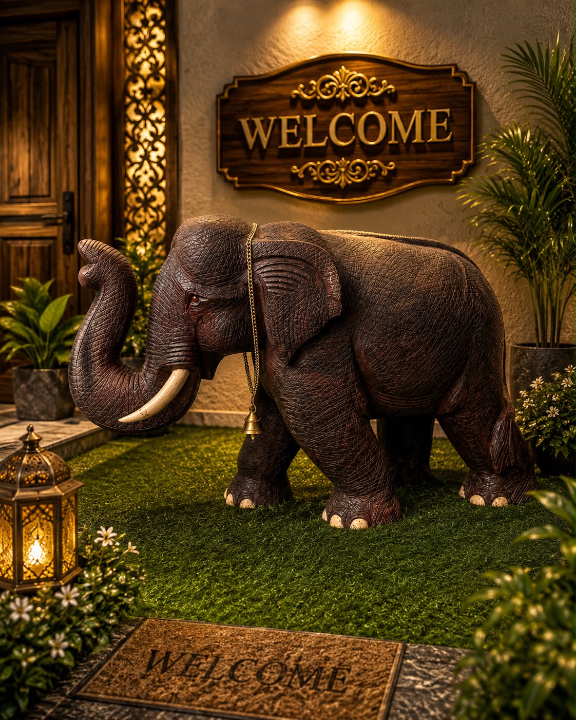 Grand Hand-Carved Rosewood Welcome Elephant with Brass Chain - Image 3