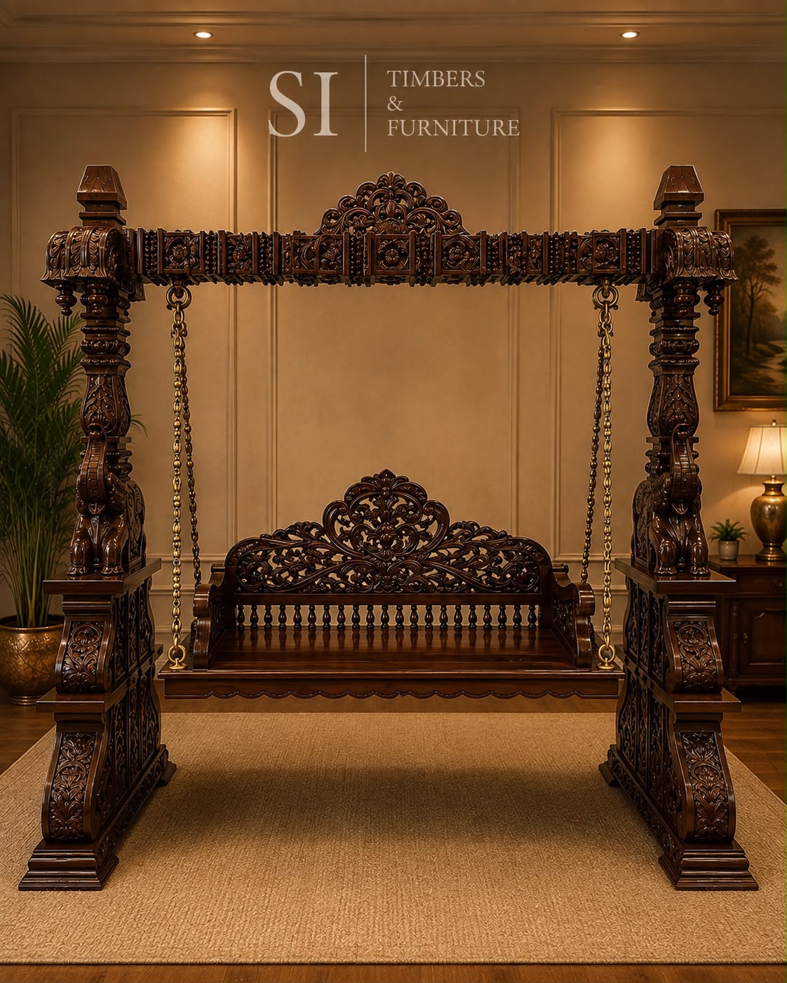 Premium Rosewood Elephant Pillar Swing - front view
