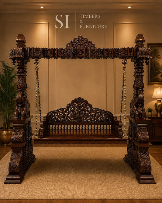 Premium Rosewood Elephant Pillar Swing - front view