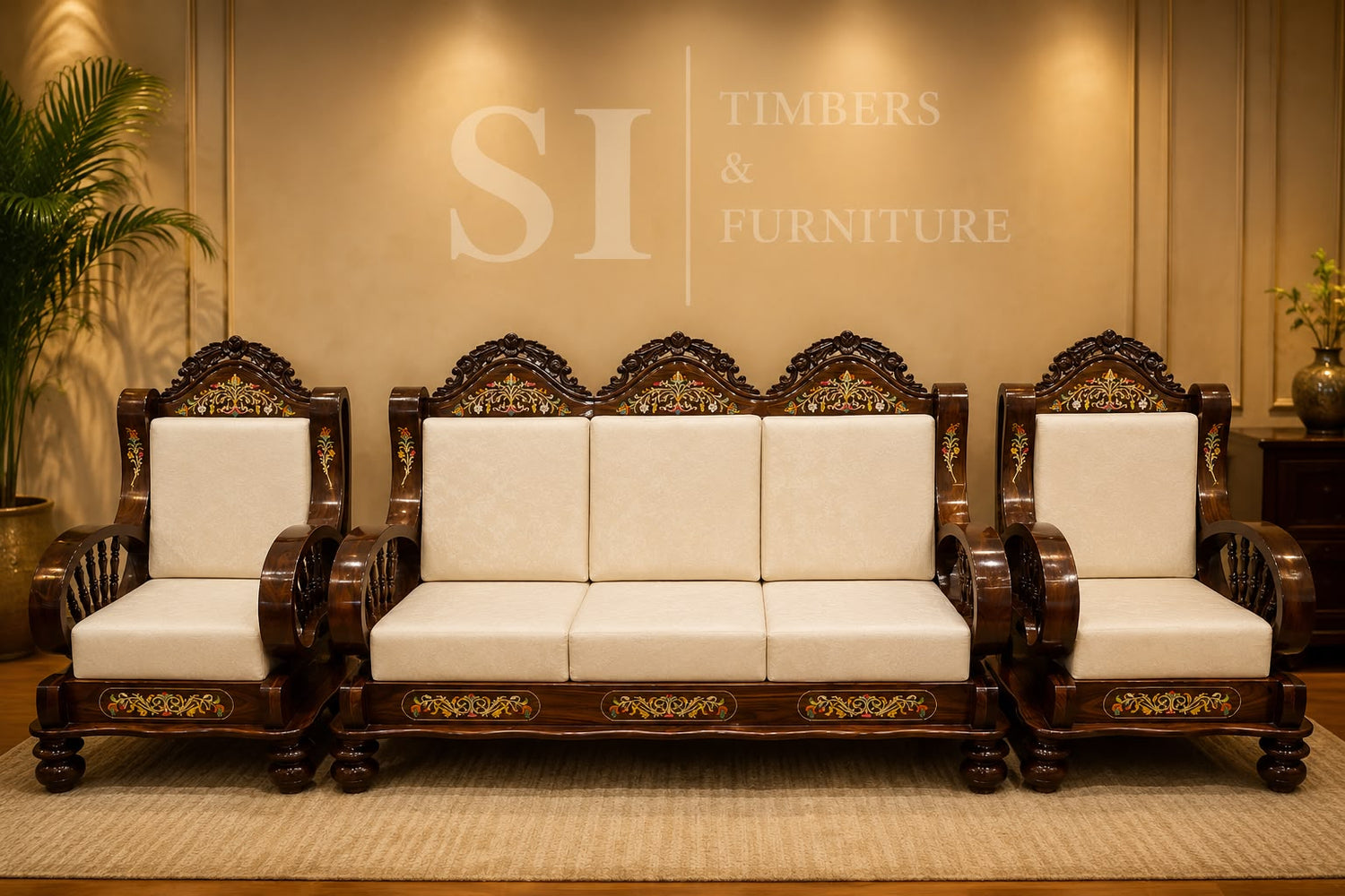 Premium Rosewood Flower Inlay  3+1+1 Sofa