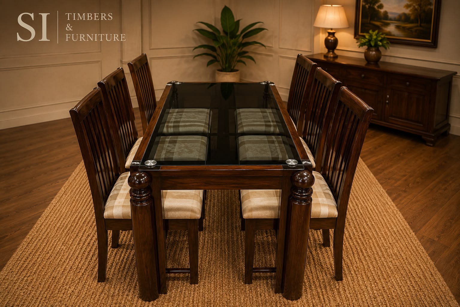 Premium Rosewood Glass-Top Dining Set – Six-Seater - Image 3