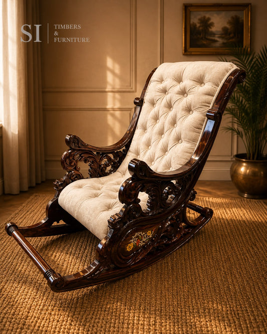 Grand Hand-Carved Rosewood Rocking Chair with Detachable Cushions - Image 1