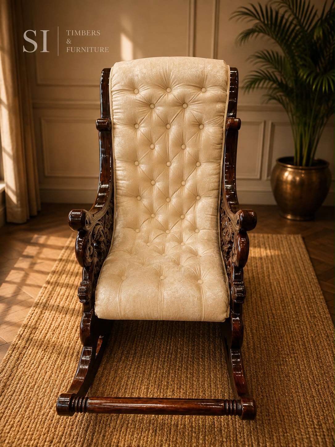 Grand Hand-Carved Rosewood Rocking Chair with Detachable Cushions - Image 2