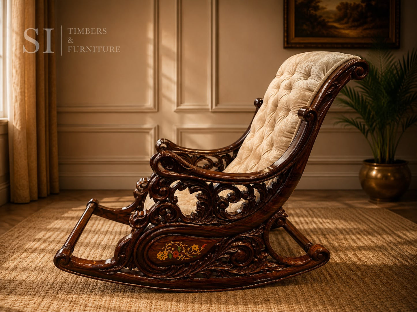 Grand Hand-Carved Rosewood Rocking Chair with Detachable Cushions - Image 3