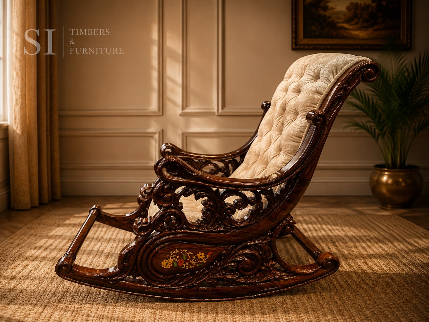 Grand Hand-Carved Rosewood Rocking Chair with Detachable Cushions - Image 3