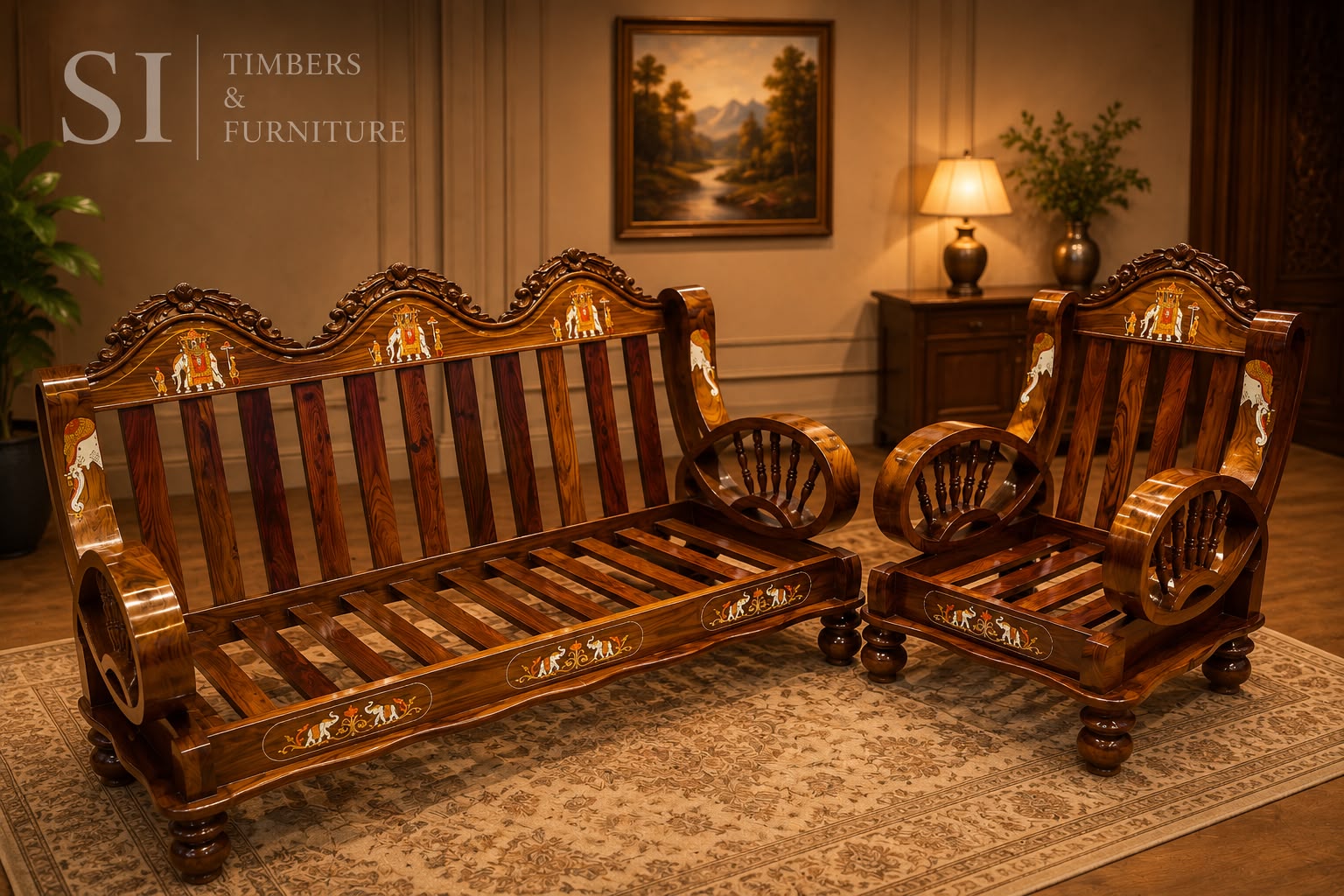 Premium Rosewood Inlay 3+1+1 Sofa