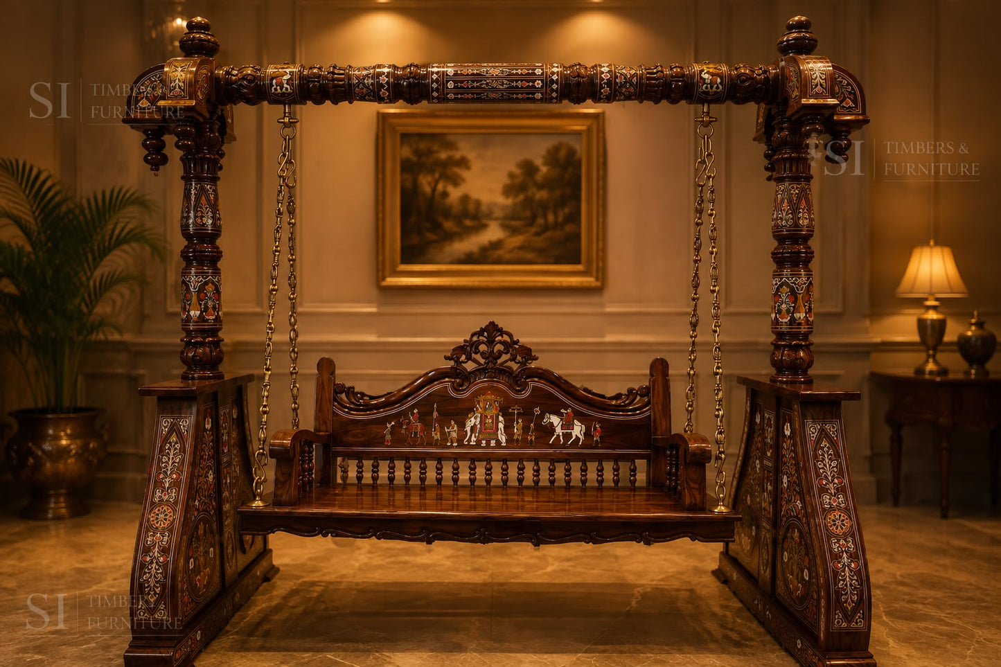 Premium Rosewood Inlay Pillar Swing - front view