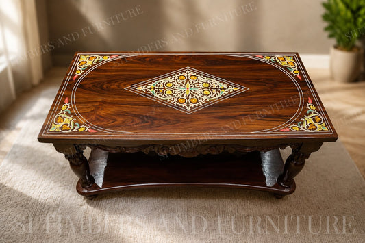 Premium Rosewood Floral Inlay Coffee Table - Image 1