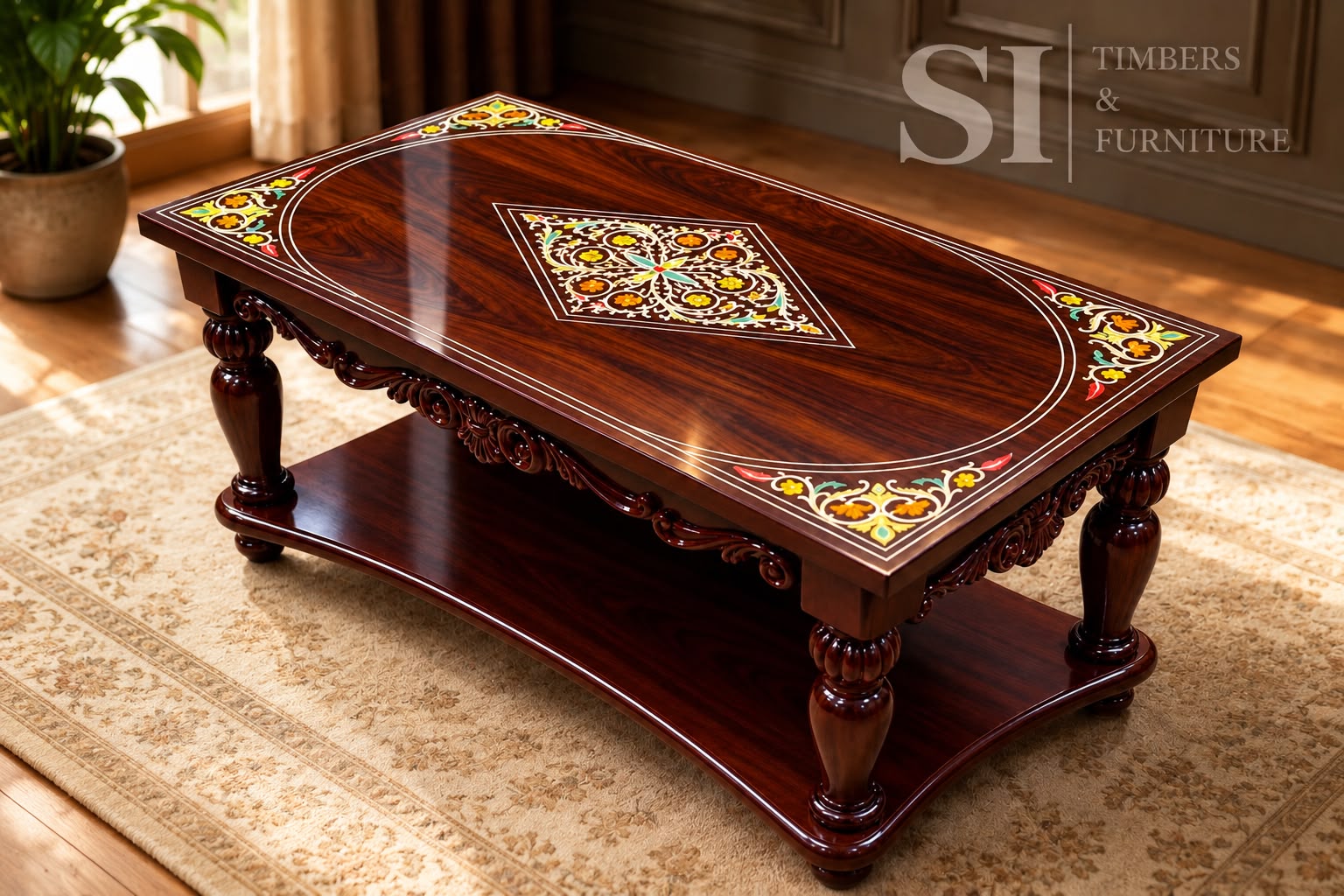 Premium Rosewood Floral Inlay Coffee Table - Image 2