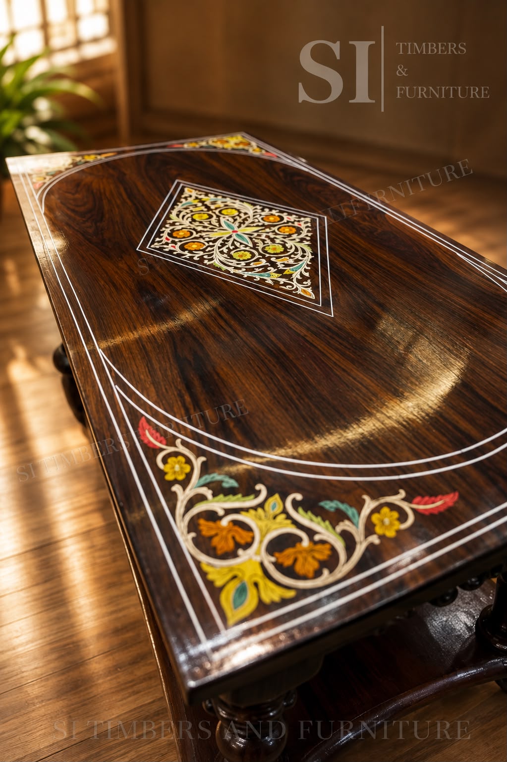 Premium Rosewood Floral Inlay Coffee Table - Image 3