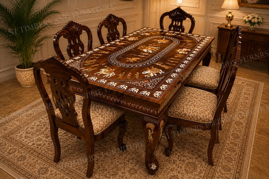 Royal Rosewood Inlay-Top Dining Set – Six-Seater - Image 1