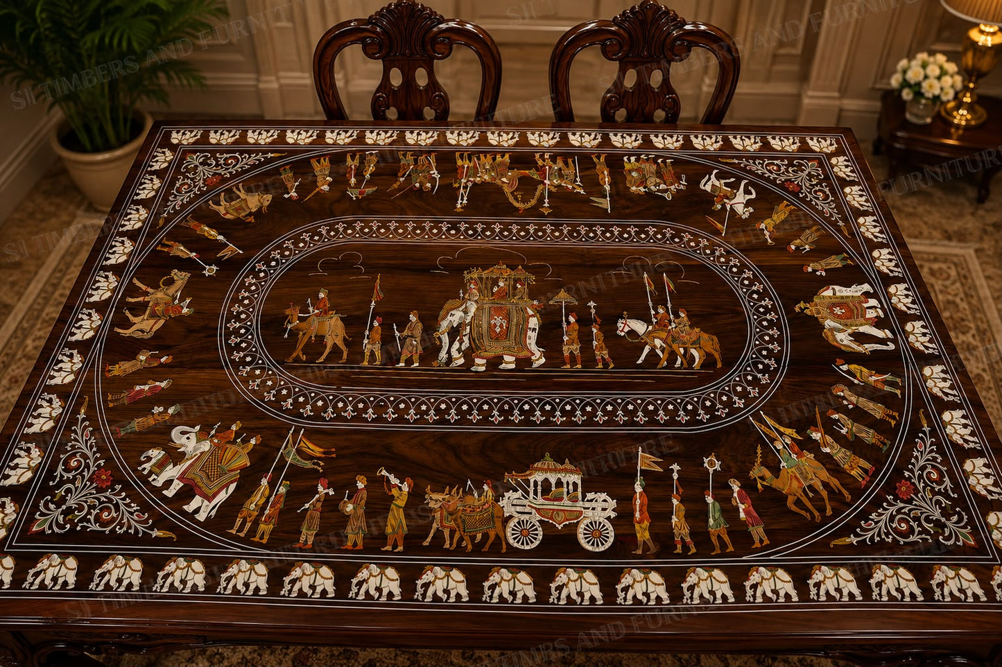 Royal Rosewood Inlay-Top Dining Set – Six-Seater - Image 2