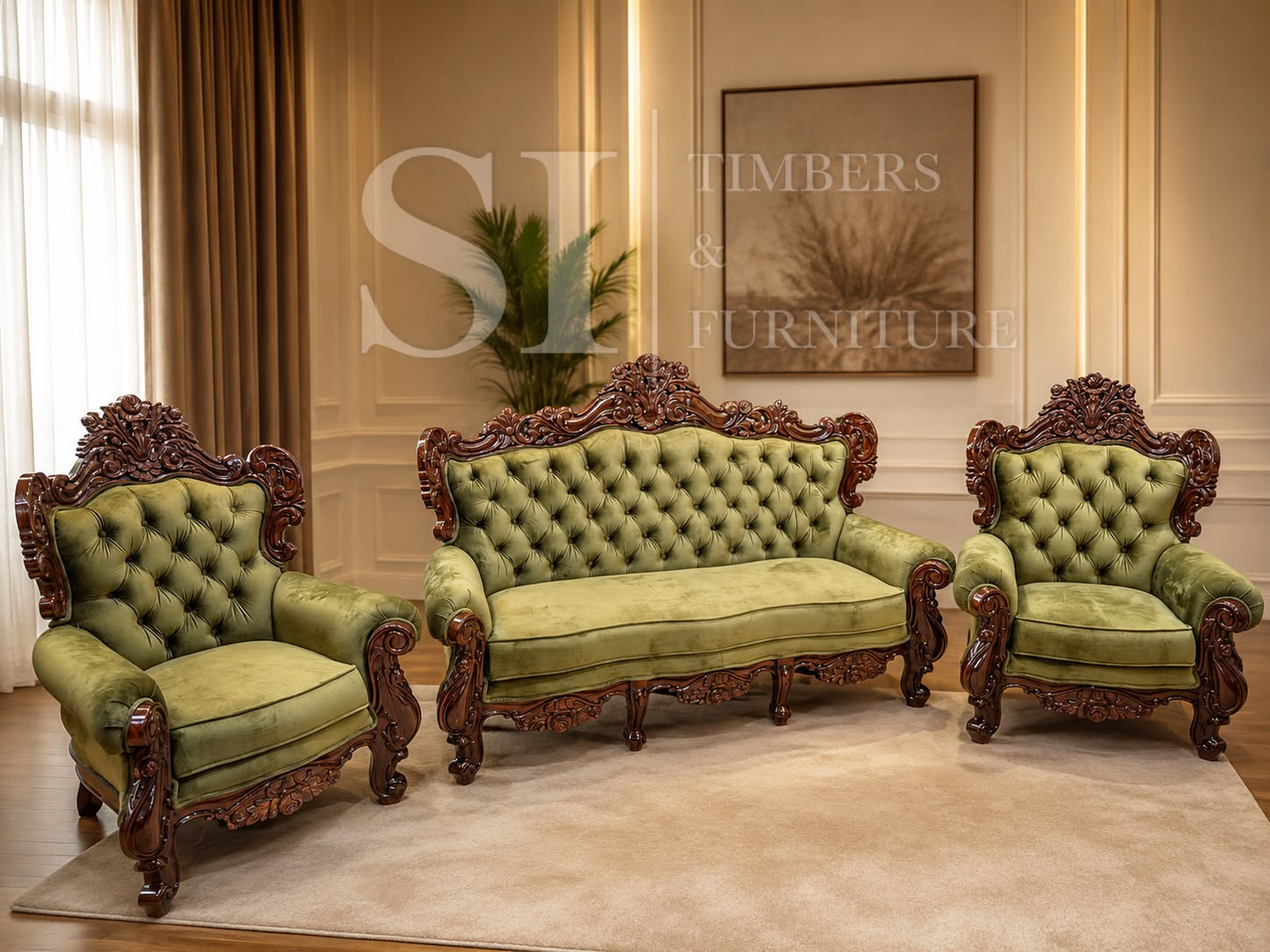 Premium Rosewood Olive 3+1+1 Sofa