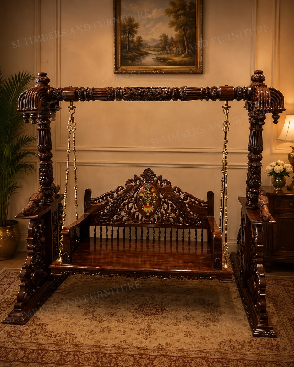 Premium Rosewood Peacock Pillar Swing - front view