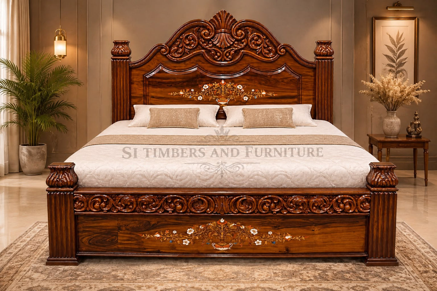 Premium Rosewood Pot Inlay Cot - front view