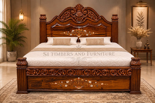 Premium Rosewood Pot Inlay Cot - front view