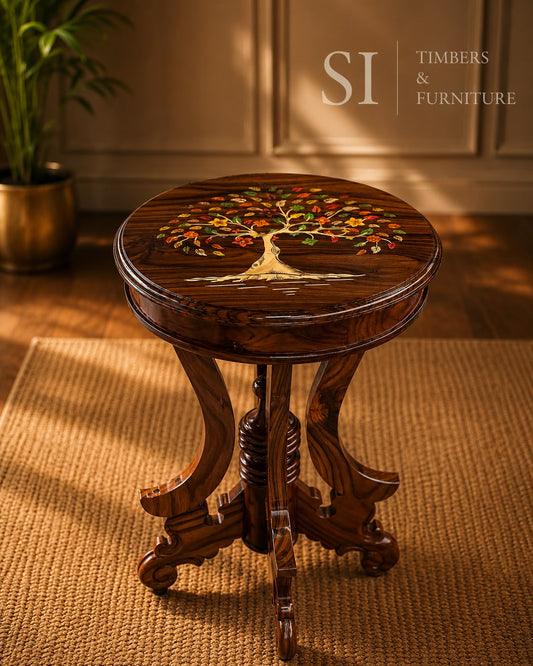 Rosewood Round Teapoy with Tree of Life Inlay - Image 1