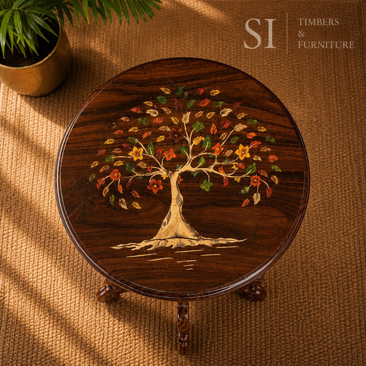 Rosewood Round Teapoy with Tree of Life Inlay - Image 2