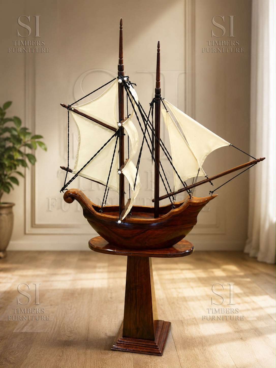 Grand Handcrafted Rosewood Sailing Ship Sculpture - Image 1