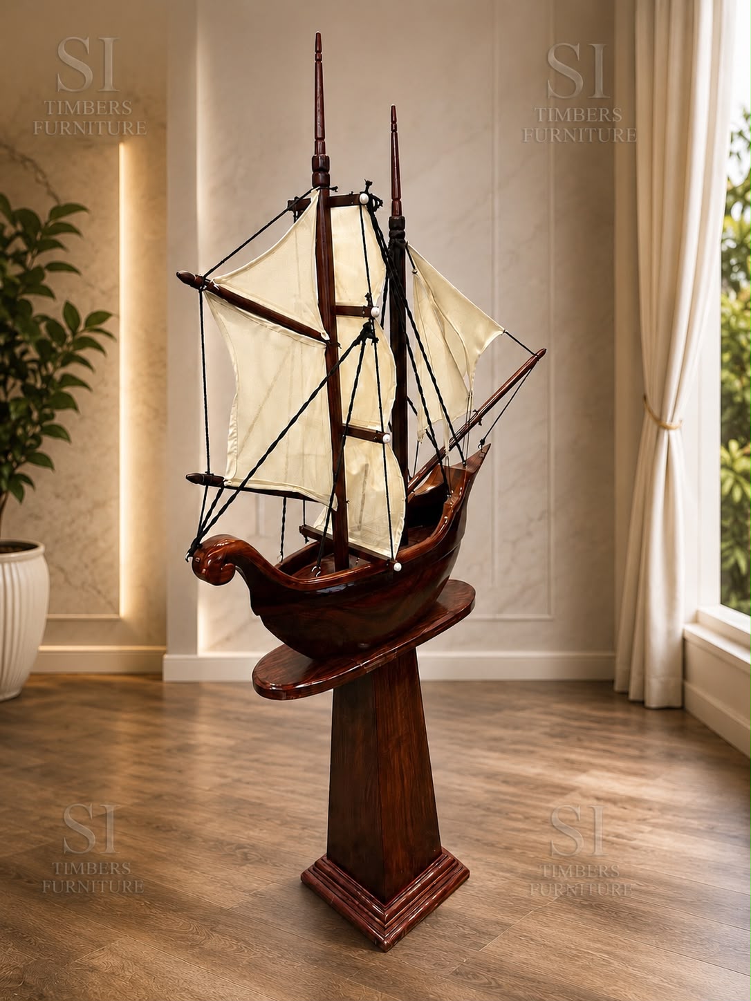 Grand Handcrafted Rosewood Sailing Ship Sculpture - Image 2