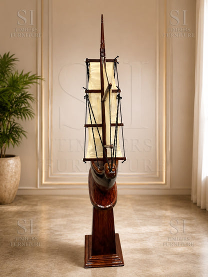 Grand Handcrafted Rosewood Sailing Ship Sculpture - Image 3