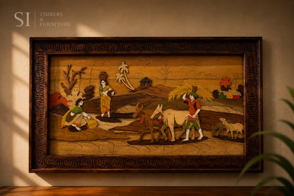 Handcrafted Rosewood Village Life Wall Art - Image 2