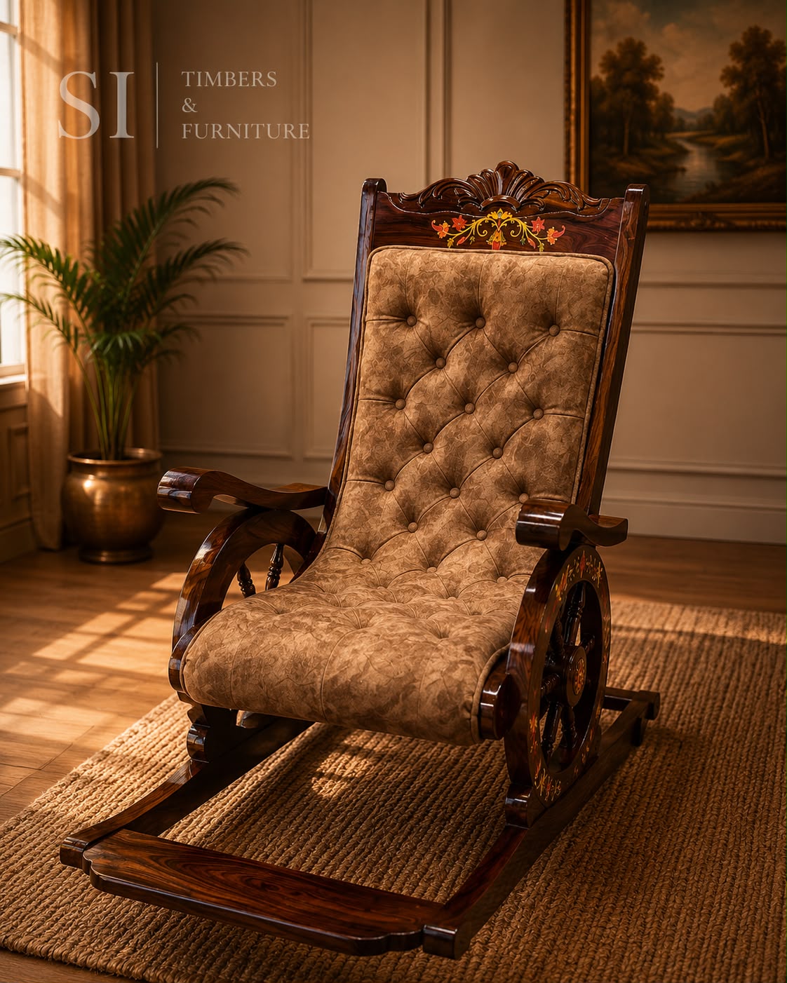Royal Rosewood Wheel-Inlay Rocking Chair with Cushioned Seating - Image 1