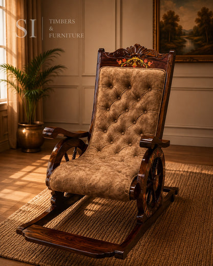 Royal Rosewood Wheel-Inlay Rocking Chair with Cushioned Seating - Image 1