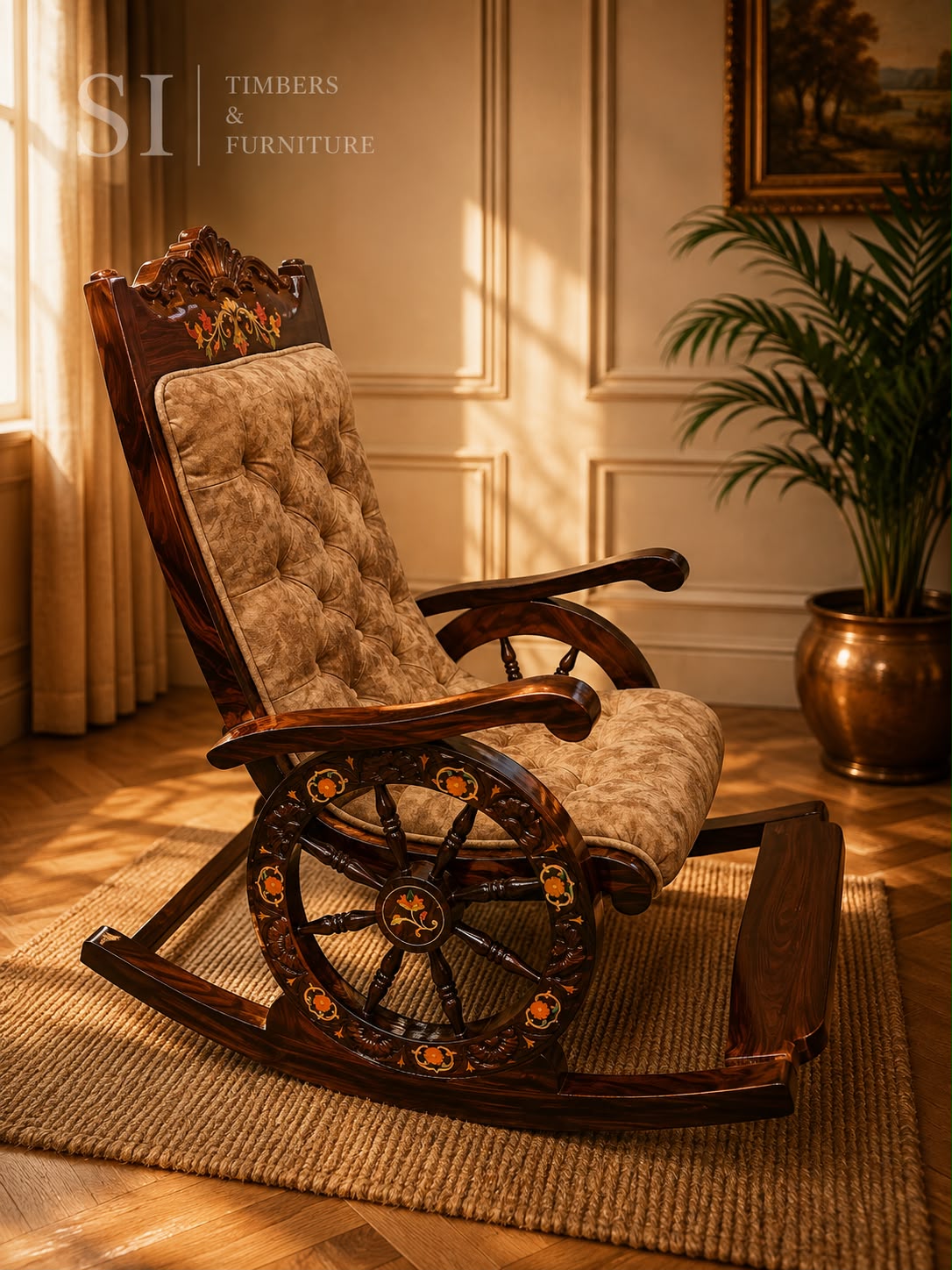 Royal Rosewood Wheel-Inlay Rocking Chair with Cushioned Seating - Image 2
