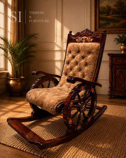 Royal Rosewood Wheel-Inlay Rocking Chair with Cushioned Seating - Image 3