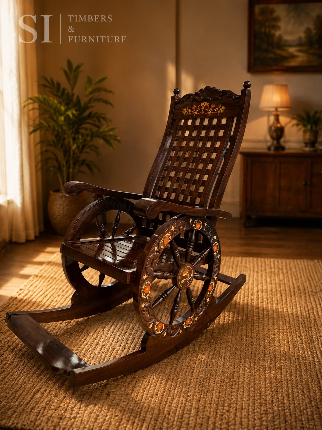 Handcrafted Rosewood Wheel-Design Rocking Chair with Loose Cushions - Image 1