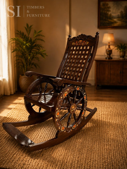 Handcrafted Rosewood Wheel-Design Rocking Chair with Loose Cushions - Image 1