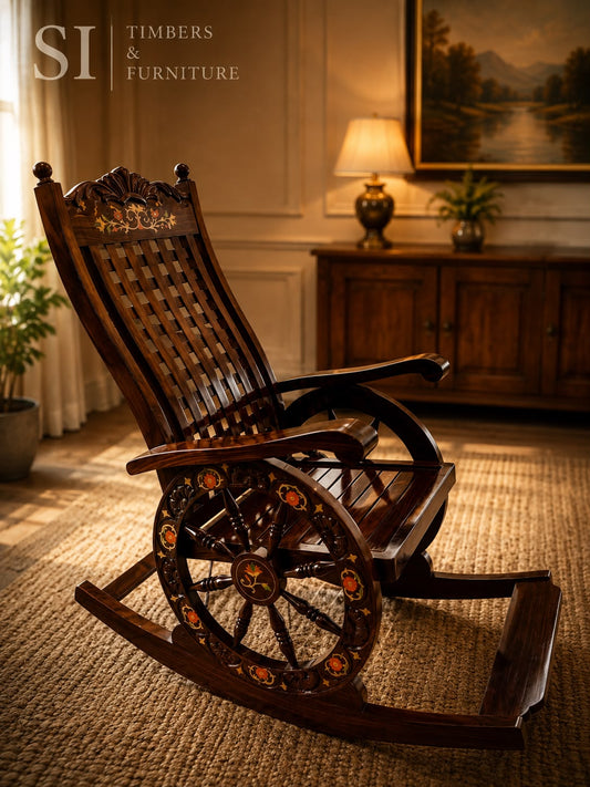 Handcrafted Rosewood Wheel-Design Rocking Chair with Loose Cushions - Image 2