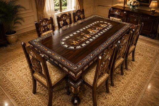 Dussehra-Inspired Rosewood Inlay Dining Set – Eight-Seater - Image 2